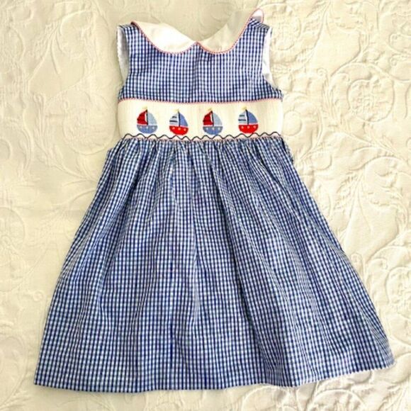 anavini Other - Anavini Blue Checked Smocked Sailboat Dress Blue Red 2T